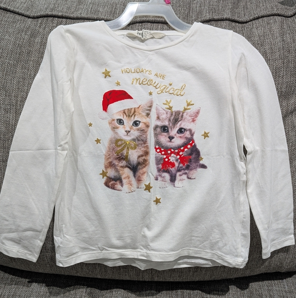 4/$20 H&M Girls Holiday Kitten Shirt 4-6 Glitter Long Sleeve Christmas Top